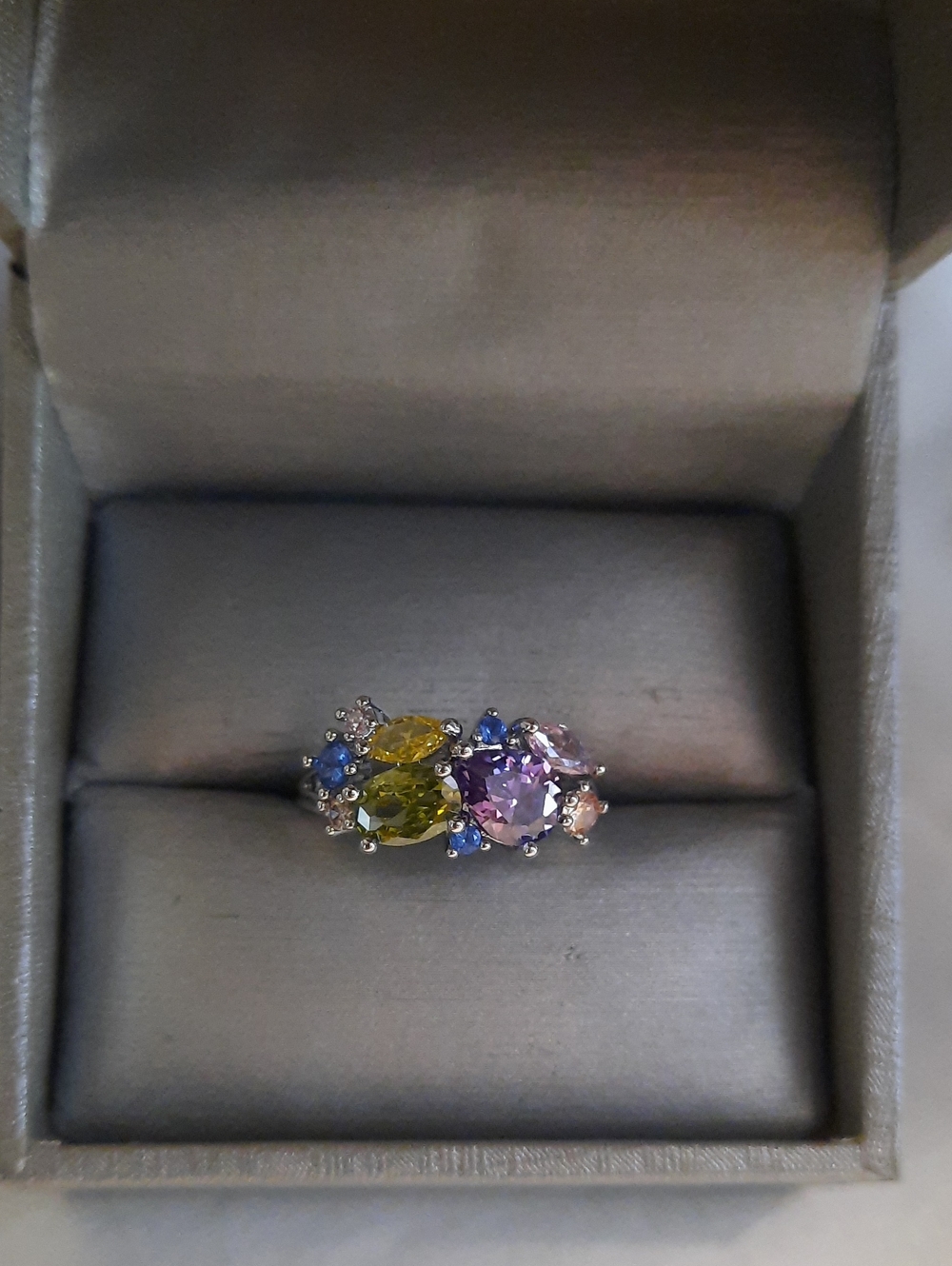 Multi-Gemstone Silver Ring in Green and Purple Size 7